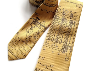 Enigma Machine men's tie. Patent illustration necktie. Choose honey gold silkscreened woven microfiber and more. Homage to Alan Turing.