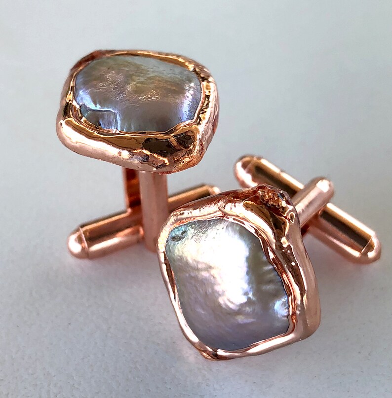 Iridescent White Freshwater Pearl Cufflinks. Copper Bezel, Electroformed Cultured coin pearl cuff links. Cool, unique mens wedding cufflinks image 2
