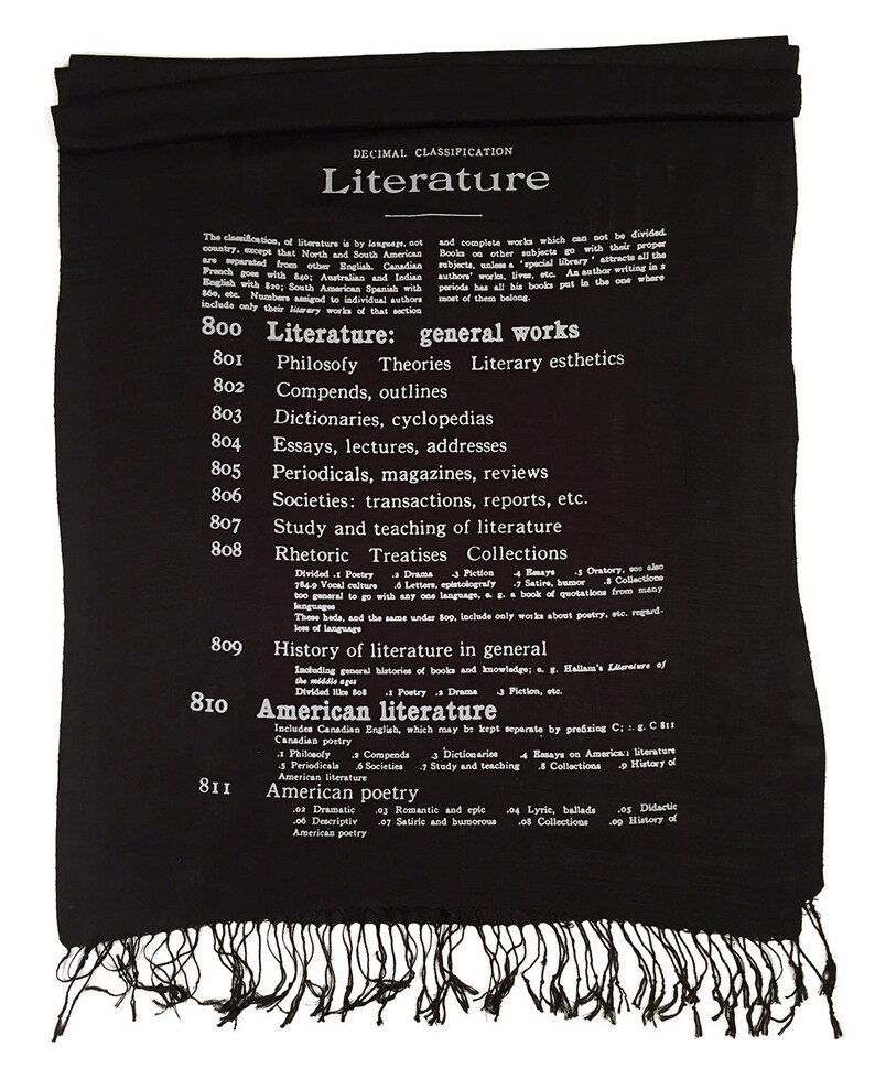 Book Scarf. Literary scarf. Dewey Decimal Literature library classification. Silkscreened linen weave pashmina. Choose silver, black & more. image 3