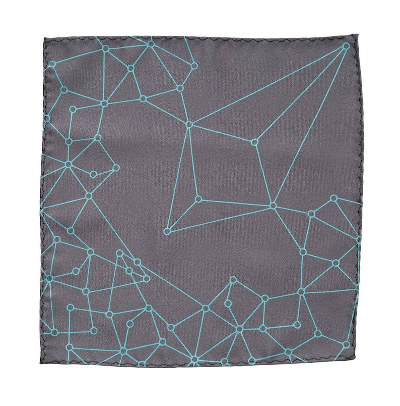 Blockchain Pocket Square. Decentralized distributed network, geometric hanky crypto cryptocurrency ethereum bitcoin virtual currency finance turq. on charcoal
