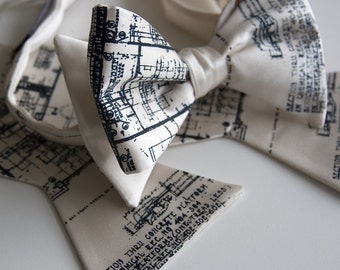 Architect Bow Tie. Blueprint bowtie. Men's bow tie, navy silkscreen print on cream bowtie & more. Architect gift, urban planners.