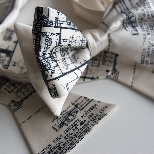 Architect Bow Tie. Blueprint bowtie. Men's bow tie, navy silkscreen print on cream bowtie & more. Architect gift, urban planners.