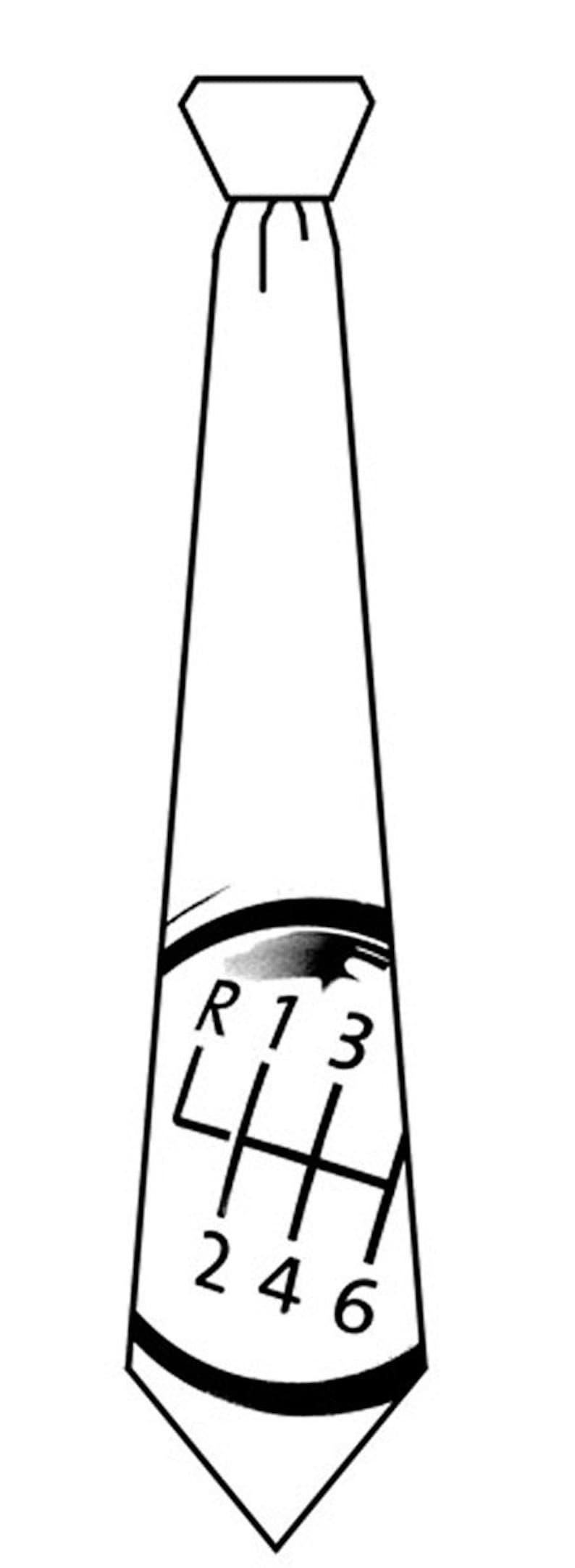 May include: Black and white illustration of a tie with a gear shift pattern. The gear shift pattern includes the letters "R", "L", and the numbers "1", "2", "3", "4", "5", and "6".