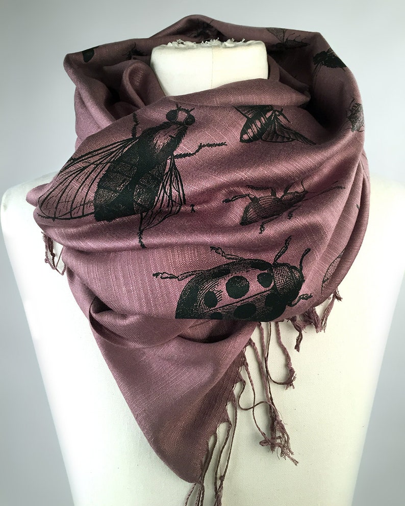 Insect Scarf. Bug print pashmina, linen weave. Black silkscreen print on margarita green scarf & more. Entomologist, natural history gift. black on dusty mauve