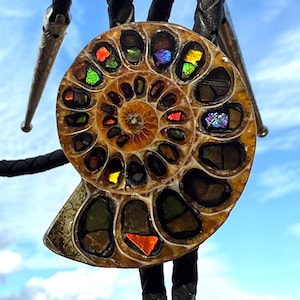 May include: A bolo tie featuring a polished, spiral-shaped ammonite fossil centerpiece. The fossil is inlaid with small, iridescent, multi-colored fragments of ammolite in shades of red, green, and blue. It hangs from a black braided leather cord.