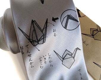 Origami necktie, crane print. Men's silkscreen tie. Lucky gift, survivor gift, origami enthusiast, paper folding, paper artist gift