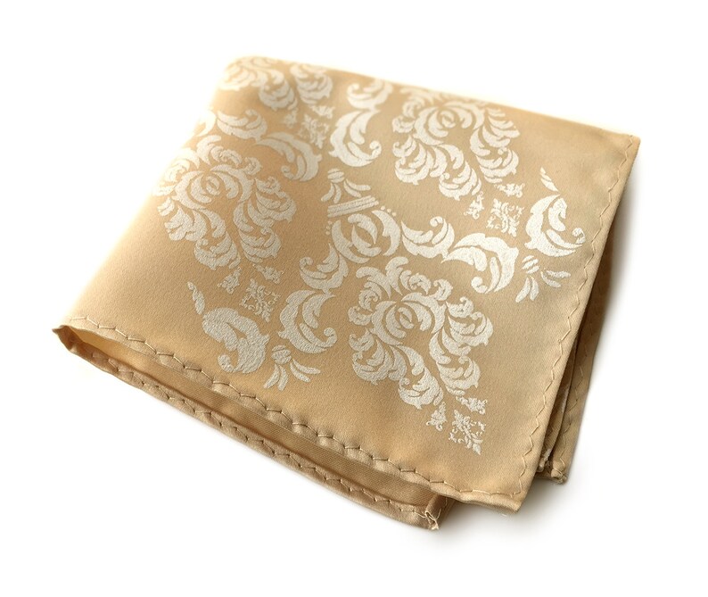 Damask pocket square. Rustic, elegant screenprinted men's handkerchief. Your choice of print & fabric color. Perfect groomsmen gift. white on soft gold