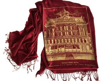 Hudson's / Detroit Opera House Printed Scarf, Detroit architecture, Detroit history. Hand Silkscreened pashmina shawl. Detroit Michigan gift