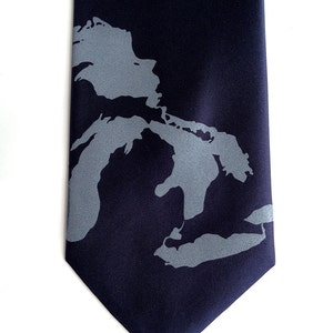 Great Lakes Necktie. Men's map tie. Lake Michigan, Superior, Huron, Erie, Ontario. Michigan wedding, UP, Yooper, Chicago wedding, Milwaukee steel on navy