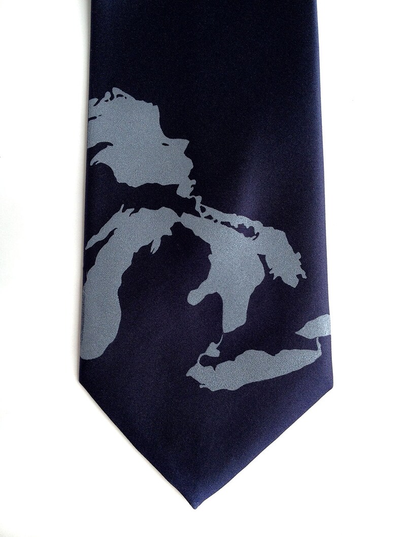 Great Lakes Necktie. Men's map tie. Lake Michigan, Superior, Huron, Erie, Ontario. Michigan wedding, UP, Yooper, Chicago wedding, Milwaukee steel on navy