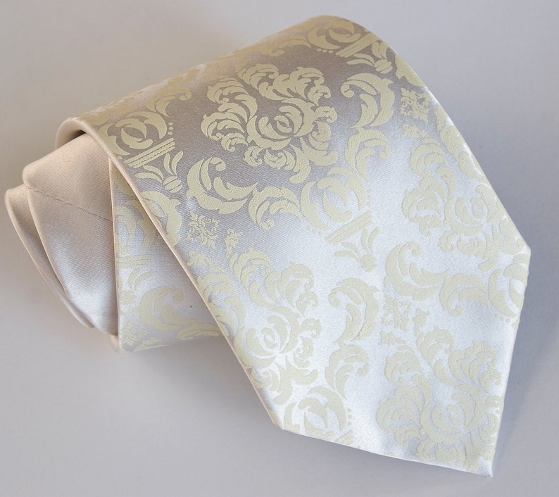 Madison Damask necktie. Ivory cream & platinum, men's wedding tie for groom. Victorian, classic wedding party tie, wedding ties floral image 2