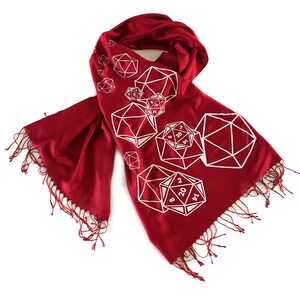 d20 scarf, critical role. RPG twenty sided die, bamboo pashmina. Nerd wedding, D and D inspired, polyhedral dice geek gift, gamer girl white on ruby