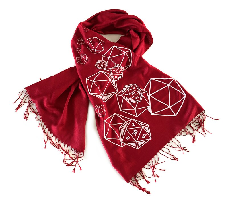 d20 scarf, critical role. RPG twenty sided die, bamboo pashmina. Nerd wedding, D and D inspired, polyhedral dice geek gift, gamer girl white on ruby