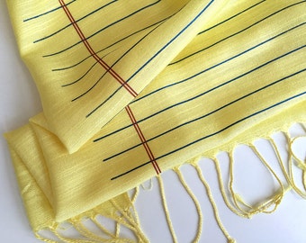 Legal Pad scarf. Butter yellow wide ruled lined paper design. Linen weave pashmina. Perfect legal assistant, lawyer, scretary gift.