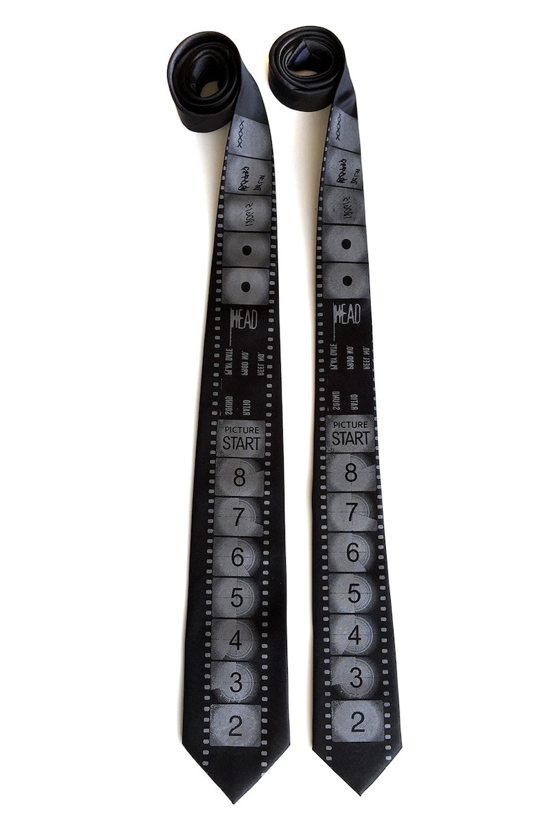 Movie Film tie, Filmmaker gift. Academy Film Leader necktie. Director, producer, film student, actor gift. Black tie. Film noir, film school image 3