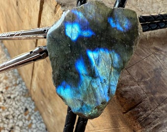 Labradorite Bolo Tie — Polished Slab with Raw Edge (WYSIWYG) — Nevada, Montana, Texas, New Mexico, Arizona Style, bola tie collector gift