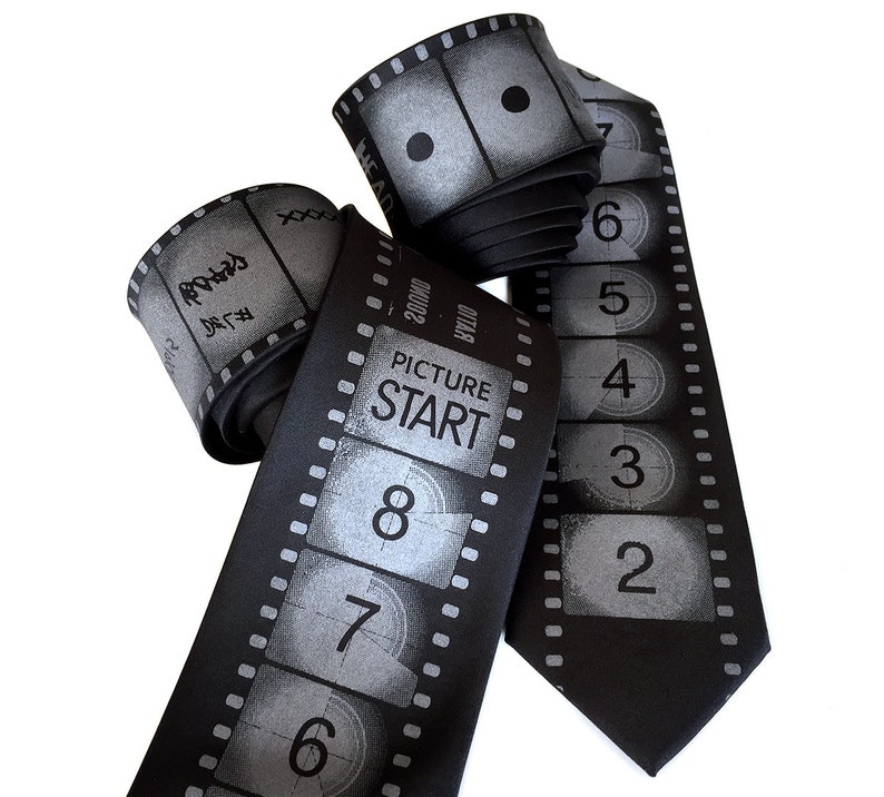 Movie Film tie, Filmmaker gift. Academy Film Leader necktie. Director, producer, film student, actor gift. Black tie. Film noir, film school black