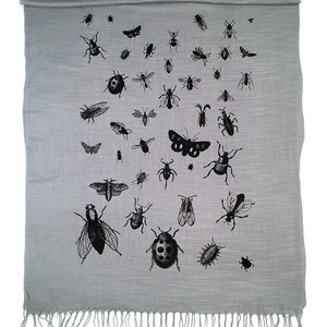 Insect Scarf. Bug print pashmina, linen weave. Black silkscreen print on margarita green scarf & more. Entomologist, natural history gift. black on silver