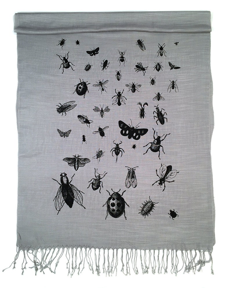 Insect Scarf. Bug print pashmina, linen weave. Black silkscreen print on margarita green scarf & more. Entomologist, natural history gift. black on silver