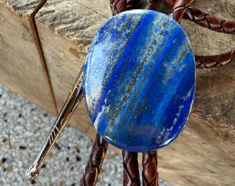 Lapis Bolo Tie, Polished Oval Lapis Lazuli western tie. Bright blue stone string tie, southwest wedding, cowboy fashion, rodeo wear