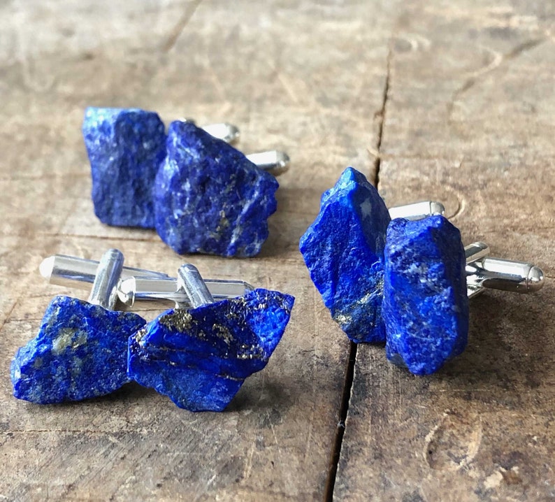 Lapis Cufflinks. Natural raw stone, rough gemstone cufflinks. 9th Anniversary, something blue, wedding cufflinks. Husband gift, gift for dad image 10