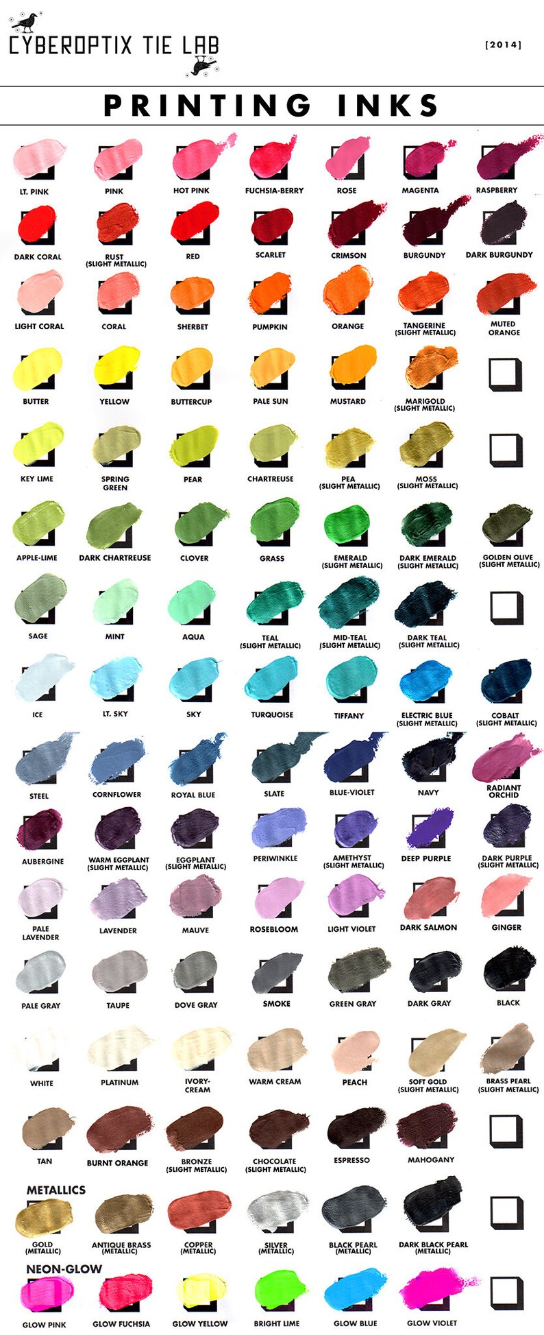 May include: A chart of 60 different paint colors, organized by color family. The colors are labeled with their names, and some have additional information in parentheses, such as "(Slight Metallic)". The chart is titled "Printing Inks" and includes the year "2014".