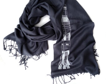 Rocket scarf. Saturn V pashmina. Space enthusiast lightweight scarf, white print. Your choice of charcoal grey & more scarf colors.