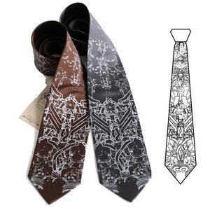 Exhaust Pipes necktie. Automotive enthusiast gift. Silver print on dark brown, charcoal, navy, or black. Silkscreened men's microfiber tie.