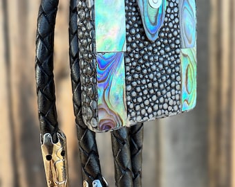 Real Stingray Leather Bolo Tie w/ Abalone Inlay & Sterling Silver Accent. Rainbow Paua shell western bola. Exotic alternative black tie