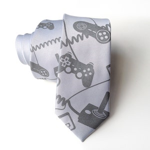 Joystick necktie. Video game controller tie. Geek chic gamer gift. Control Freak, gaming console screen printed tie. dove on silver