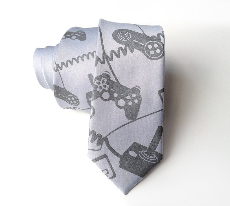 Video game tie. Game controller men's necktie. Geek chic gaming gift. Control Freak, console joystick silkscreen tie. dove on aluminum