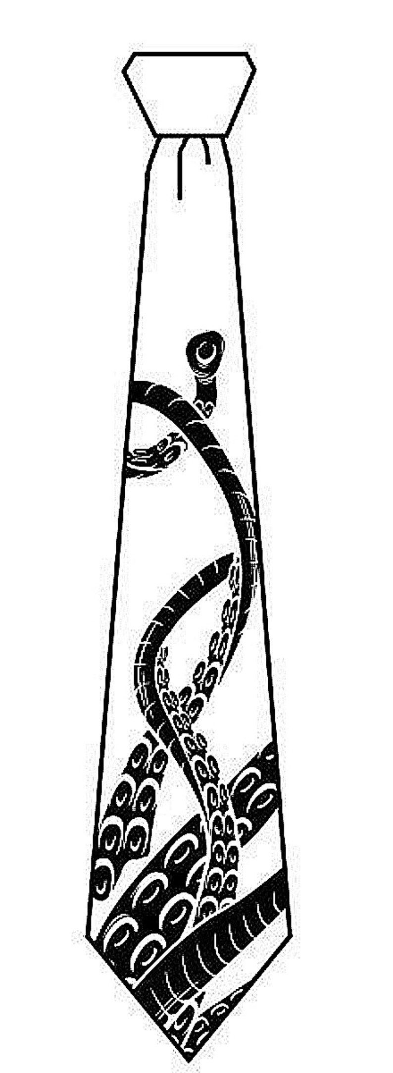 Puede incluir: Una corbata en blanco y negro con un dise&ntilde;o de pulpo. El pulpo est&aacute; representado en un estilo gr&aacute;fico estilizado, con sus tent&aacute;culos envolviendo la corbata.