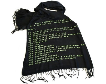 Computer code scarf. Commodore 64 BASIC Code linen weave pashmina. Retro computing gift, geek gift. For men or women. Green on black & more!