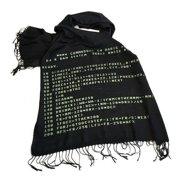 Computer code scarf. Commodore 64 BASIC Code linen weave pashmina. Retro computing gift, geek gift. For men or women. Green on black & more!