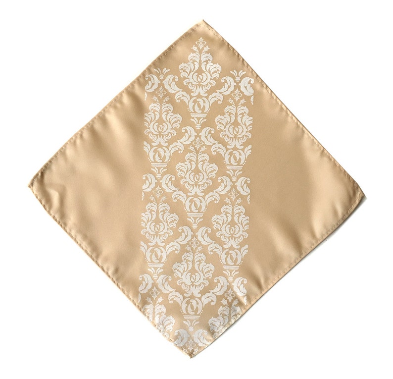 Damask pocket square. Rustic, elegant screenprinted men's handkerchief. Your choice of print & fabric color. Perfect groomsmen gift. image 3