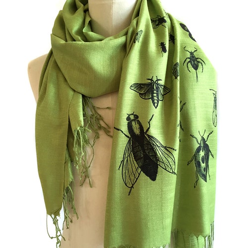 Insect Scarf. Bug Print Pashmina, Linen Weave. Black Silkscreen