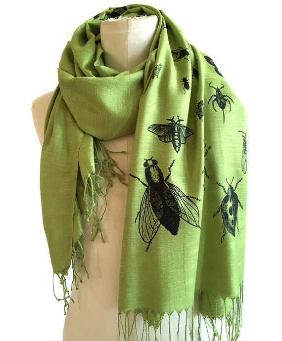 Insect Scarf. Bug Print Pashmina, Linen Weave. Black Silkscreen