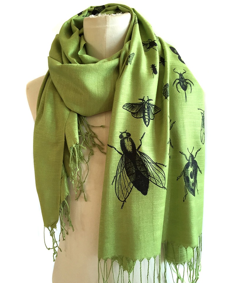 Insect Scarf. Bug print pashmina, linen weave. Black silkscreen print on margarita green scarf & more. Entomologist, natural history gift. black on margarita