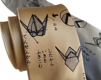 Origami Crane silk necktie. Japanese script & paper folding. "Orizuru." Men's silkscreen tie. Your choice of colors and tie width.