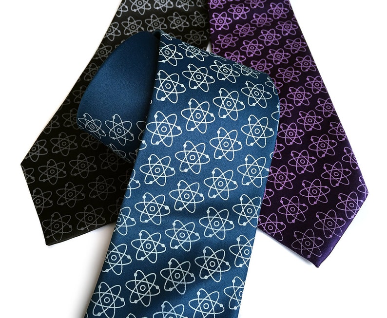 Atom Tie. Atomic model mens necktie, Science teacher gift, doctor, chemistry, molecule tie, science tie, Nuclear power plant, atomic energy ice on french blue