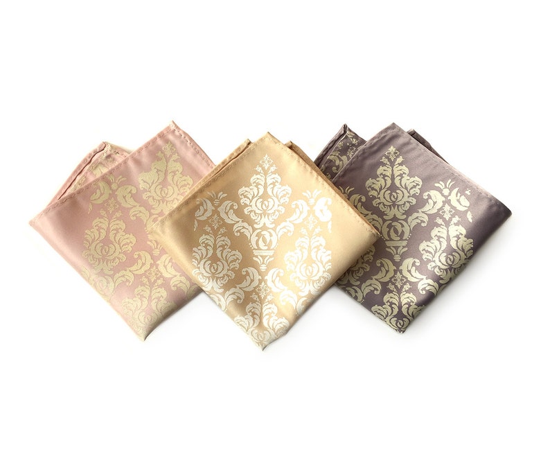 Damask pocket square. Rustic, elegant screenprinted men's handkerchief. Your choice of print & fabric color. Perfect groomsmen gift. image 2