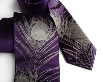 Peacock feather necktie. Eggplant purple men's feather tie, antique brass print. Customizable. Peacock wedding, art deco, art nouveau tie