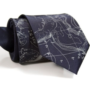 Contour Map Necktie. Gift for him, men's tie. Scandinavian & Arctic ocean floor map. Oceanographer gift, sailor gift, cartographers, map tie navy