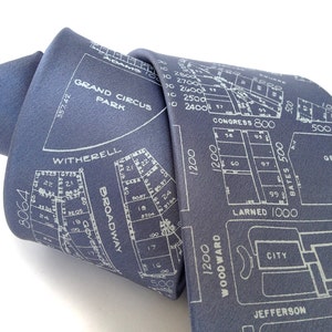 Detroit Map Necktie. Shop local, ships from Detroit. Campus Martius & Woodward Silk tie. Made in Michigan.
