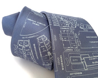 Detroit Map Necktie. Shop local, ships from Detroit. Campus Martius & Woodward Silk tie. Made in Michigan.