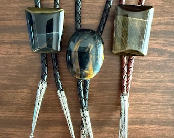 Blue Tiger's Eye Bolo Tie – Polished Hawk's Eye Jewelry for Men or Women.  Stone Statement Necklace, Rustic Boho Formalwear