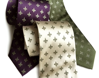 Fleur-de-lis silk tie. Mardi Gras, New Orleans gift. French Royalty necktie. Antique brass print on cream, eggplant, olive and more.
