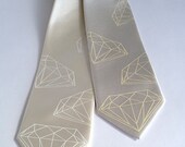 Diamond necktie. Silkscreened men's wedding tie. Geometric jewel print on creamy white and more. Microfiber.