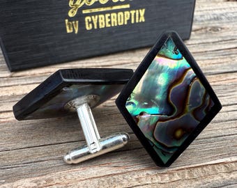 Abalone Inlay and Buffalo Horn Cufflinks. Large diamond-shaped iridescent, opalescent New Zealand Paua, formal wedding cuff links for him
