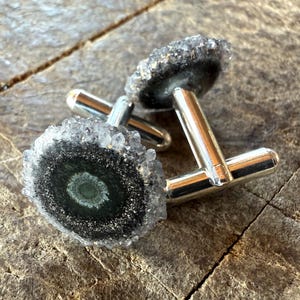 Solar Quartz Cufflinks. Mossy Green, Black Amethyst Stalactite Slice Cuff Links. Rare Stone Jewelry for the groom, gift for him
